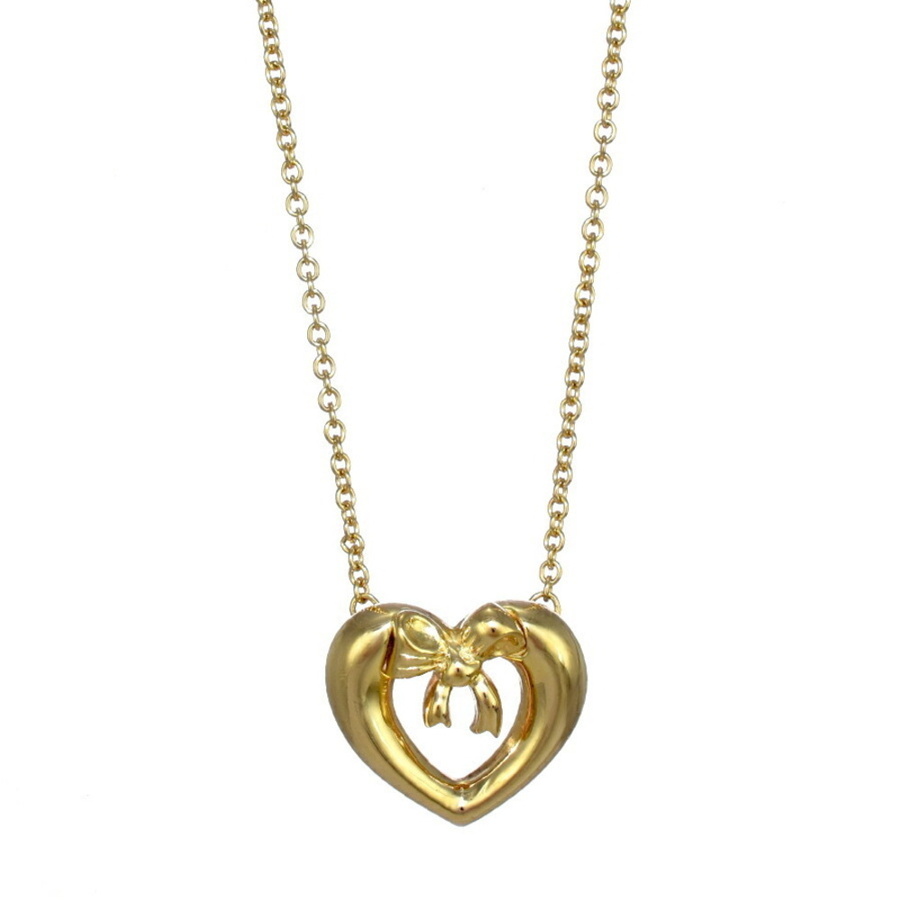Tiffany Heart Bow Ribbon Pendant Necklace Yellow Gold CO